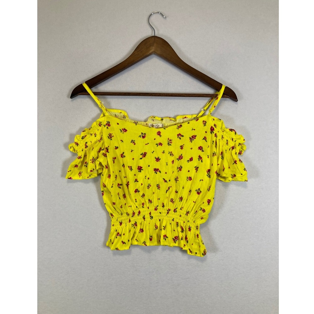 Heart & Hips Cold Shoulder Top Womens Medium Yellow Floral Smocked Boho